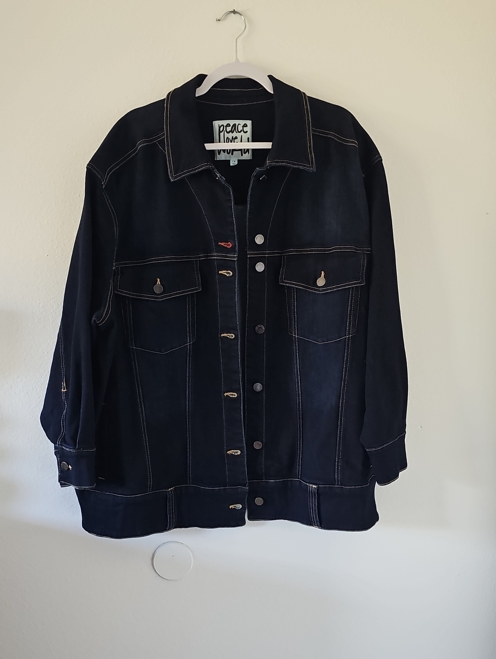 ●●PEACE LOVE WORLD LONG DENIM JACKET W STITCHING NWOT S.1X●●